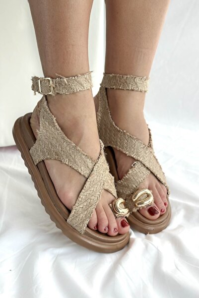 Shoebutik Rebeca Wicker Natural Metal Ring Detail Women's Sandals