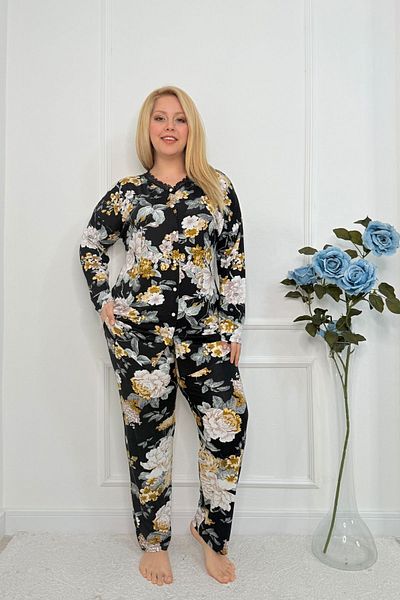 tarzımsüper Plus Size Premium Comfort Series Cotton Soft Texture Front Button Lace Luxury Pajamas Set