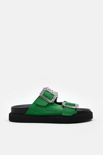 NILUFARR Papuci de damă din piele naturală din piele de căprioară verde Oliwer