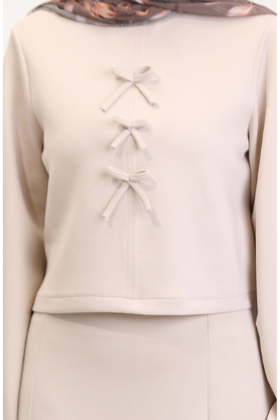 sefamerve Beige Scuba Fabric Blouse Skirt Double Set 0021-03