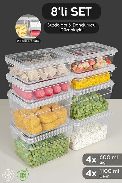 Meleni Home Deep 8-Piece Microwave Compatible Storage Container Set - Transparent Lid Organizer