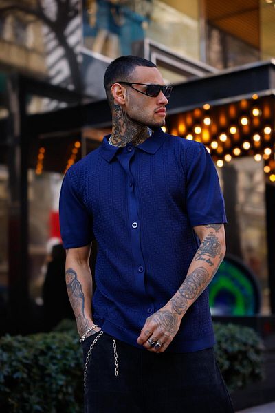 Pobudo Navy Blue Color Detailed Short Sleeve Knitwear Shirt