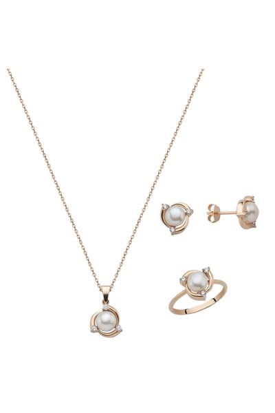 Birinci 14 Ayar Altın 6 mm Zirkon Taşlı Doğal İnci Küpe Kolye Yüzük Üçlü Set