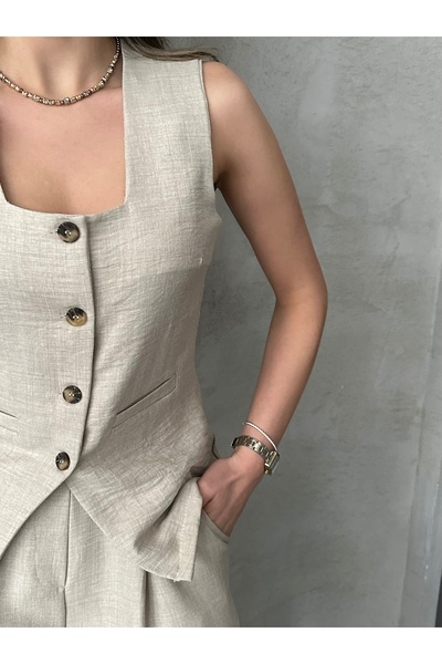 MD trend Square Collar Vest and Palazzo Trousers Double Linen Aerobin Set