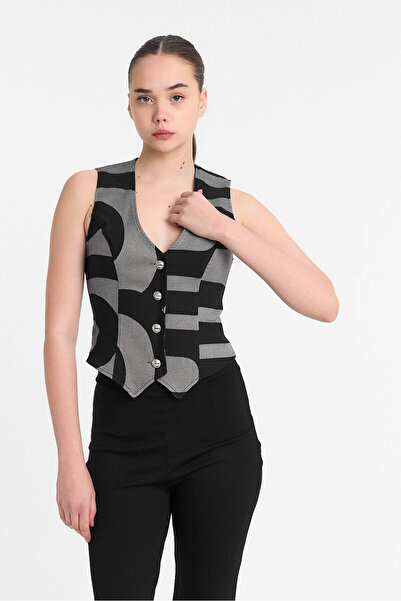 Laranor Desen3 Gold Buttoned Patterned Classic Cut Vest Day - Night Chic 25L8011