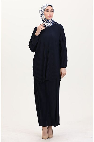 sefamerve Σετ διπλό τουνίκ-φούστα Navy Blue Πλισέ 0015-02