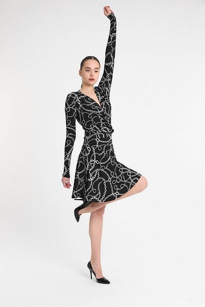Laranor Chain Pattern Double Breasted Collar Moving Skirt Dress Day - Night Elegance 19L6440