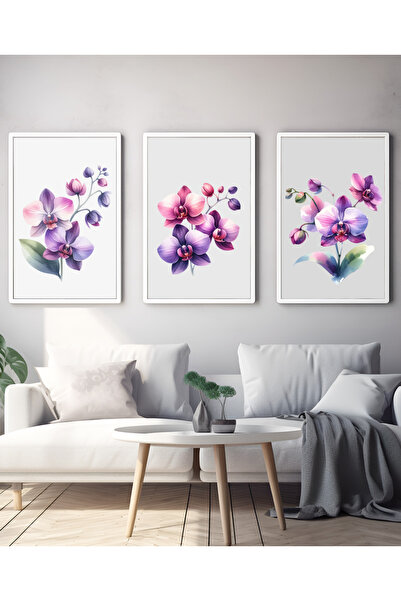 Hiras Dizayn Set de 3 postere Orhidee mov Pictură artistică decorativă pentru sufragerie 3 dimensiuni Decor de perete fără cadru