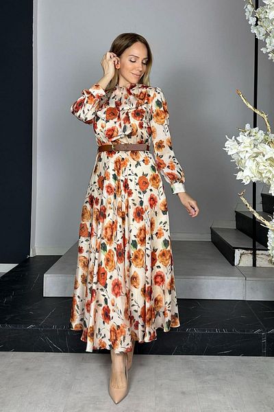 gesmoda G1345 Floral Print Silk Designer Dress Multicolor