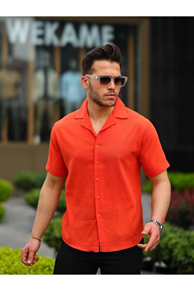 Pobudo Nar Çiçeği Pamuk Keten Kısa Kol Gömlek