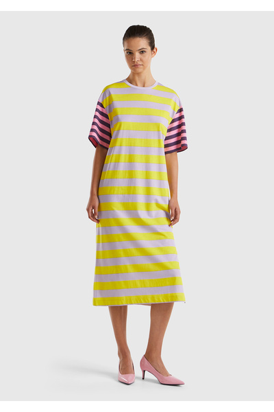 United Colors of Benetton Women's Mix 100% Cotton Striped Side Slit Crew Neck...