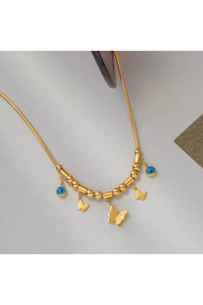 Siya Silver Kelebek Model Nazar Boncuk Detaylı 316l Çelik Kolye