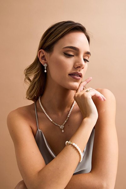 Birinci 14 Ayar Altın 6 mm Baget Taşlı Doğal İnci Küpe Kolye Bileklik Yüzük D...