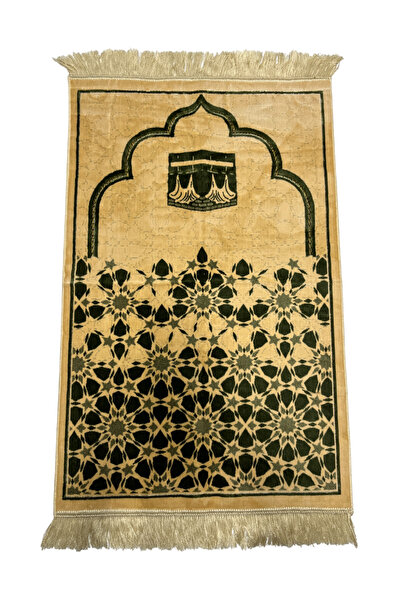 Buhara Tekstil Kabe ve Geometrik Desenli Altın Sarısı Kadife Seccade