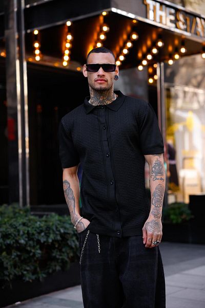 Pobudo Black Color Detailed Short Sleeve Knitwear Shirt