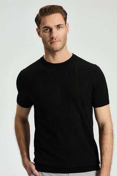 Hemington Openwork Knit Detailed Crew Neck Black T-Shirt