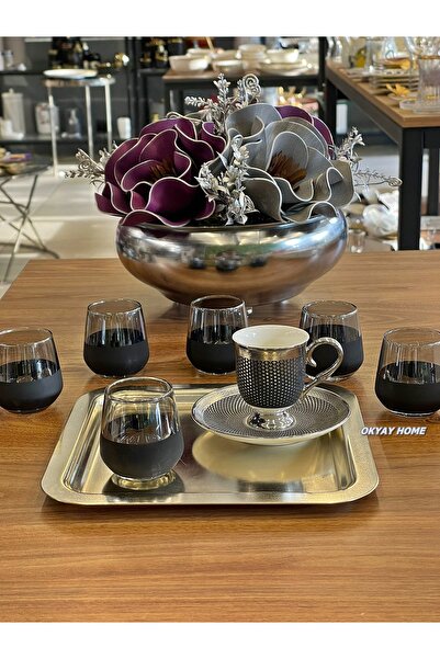 P&ORA PREMIUM KITCHEN PRODUCTS Lal- 304 6'lı Dip Siyah Üst Füme Kahve Yanı Su Bardağı , Çeyizlik ,hediyelik , lüks