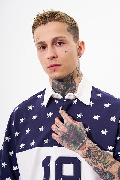Machinist Ανδρικό κεντημένο μπλουζάκι εκρού Navy Blue Oversize Polo Neck 19
