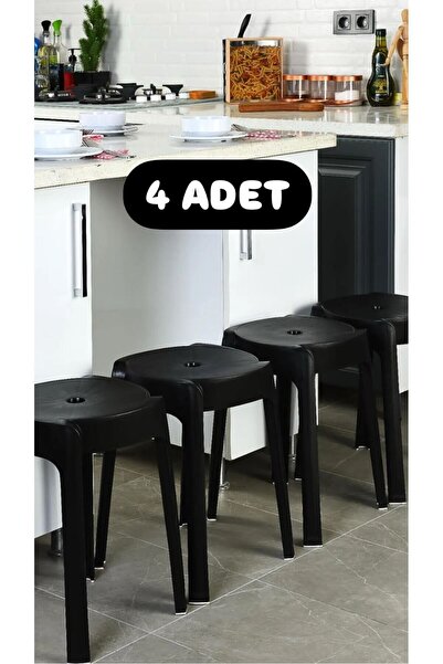 Bayev 4 Adet Siyah Kaymaz Ayaklı Dekoratif Iç Içe Geçebilen Plastik Tabure Mu...