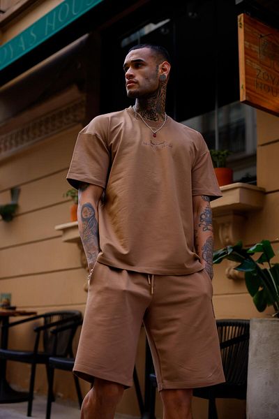 Pobudo Tan Color Crew Neck Shorts T-Shirt Set