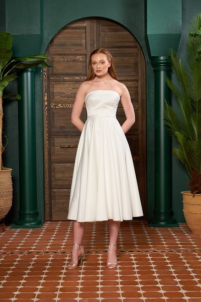 Lenta Wedding White Straight Neckline Midi Length Satin Engagement and Evening Dress