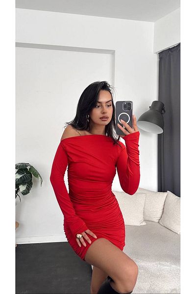 K-ODEA BUTİK Women's Long Sleeve One Shoulder Open Sides Drawstring Short Sandy Dress