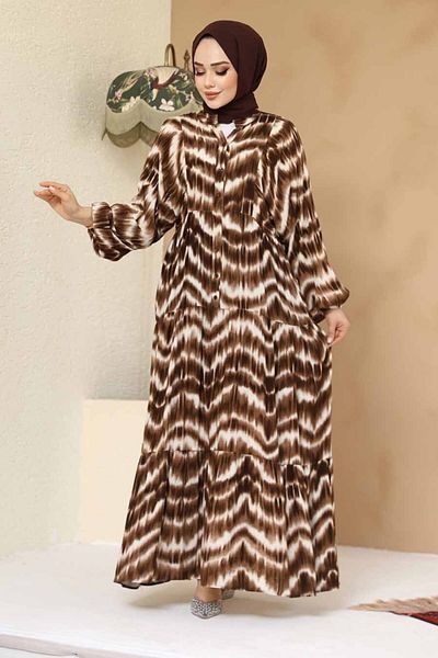 Neva Style Patterned Brown Hijab Viscose Dress 235806 Kh