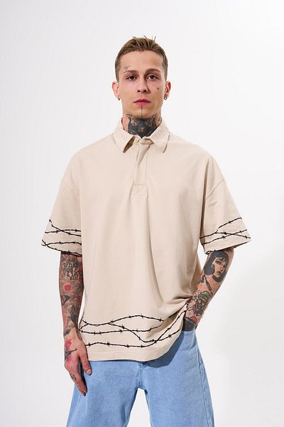 Machinist Ανδρικό μπλουζάκι Oversize σε ανοιχτό μπεζ χρώμα - Barbed Wire Printed
