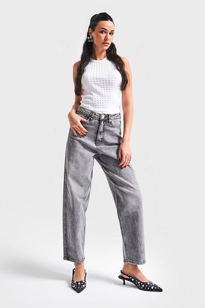 its basic Women's Gray Color 4S5-13 Mom Relax Fit 100% Cotton High Waist Denim Jean