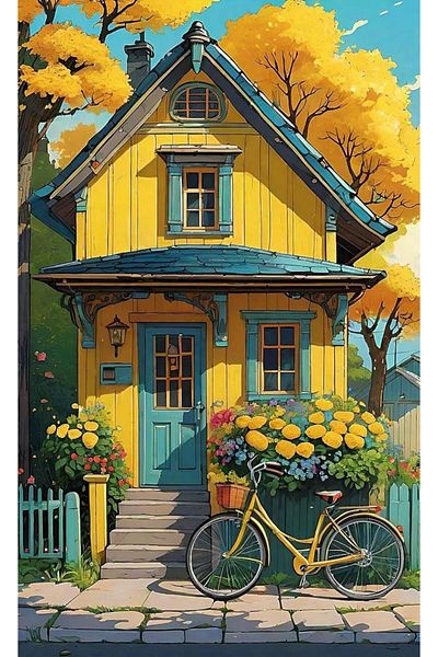 pixartsanat Yellow House Pixart Art Diamond Mosaic Painting 40X60