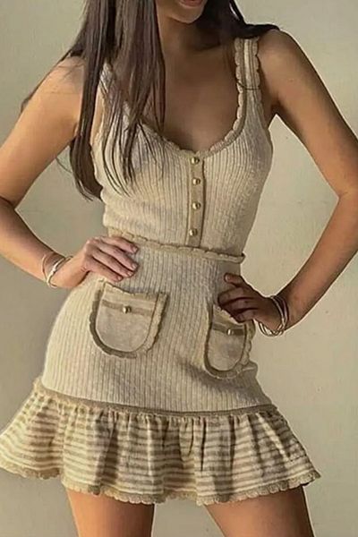 FASHION COCKTAIL Μάλλινη χαριτωμένη τσέπη Lycra με χρυσά κουμπιά και χοντρό λουράκι Μίνι φόρεμα κρέμα
