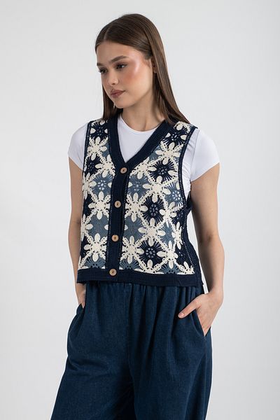Hatun Atila Hatunatila Women's Floral Patterned Acrylic Drainage Vest Navy Blue - 5154