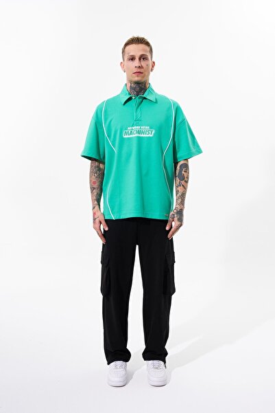 Machinist Light Green Oversize Polo Neck Men's T-Shirt - Contrast Piping Printed