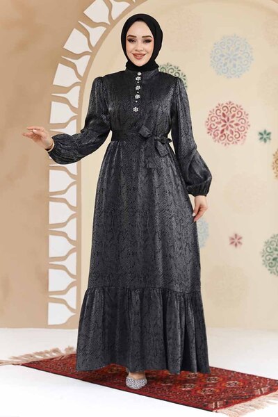 Neva Style Stone Detailed Black Hijab Jacquard Dress 23891S