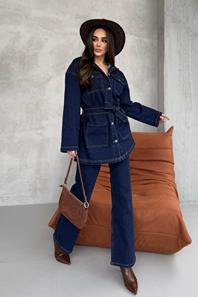 ASEDE Cep Detaylı Kuşaklı Lacivert Denim Premium Ceket Jean Takım