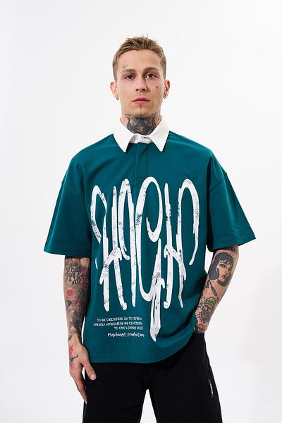 Machinist Petrol Green Oversize Polo Collar Men's T-shirt - High Printed