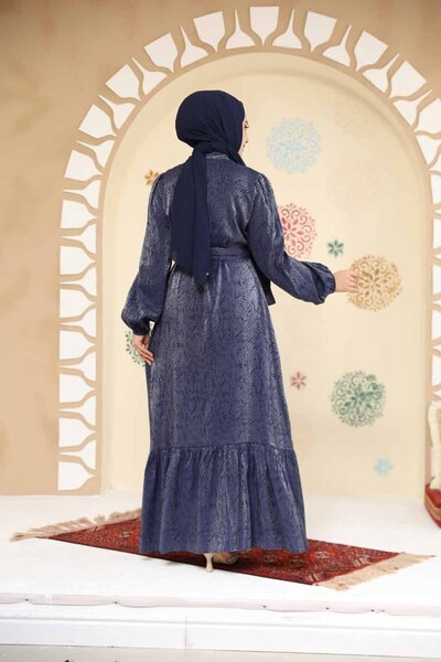 Neva Style Φόρεμα με πέτρινη λεπτομέρεια Navy Blue Hijab Jacquard 23891L