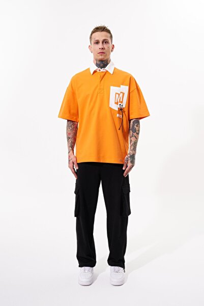 Machinist Men's Constrast Pocket Oversize Orange Polo Neck T-Shirt