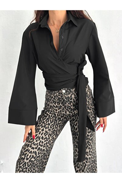 Butik Kadın belden bağlamalı gömlek- Siyah