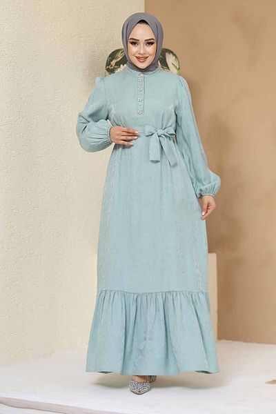 Neva Style Stone Detailed Mint Hijab Jacquard Dress 23891Mint