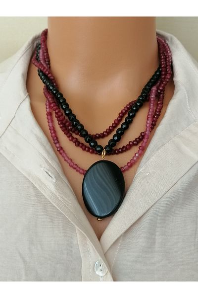 LemaStone Natural Stone Necklace (Designed with Black Agate, Onyx and Plum Ceyt Stones. Aa Quality)