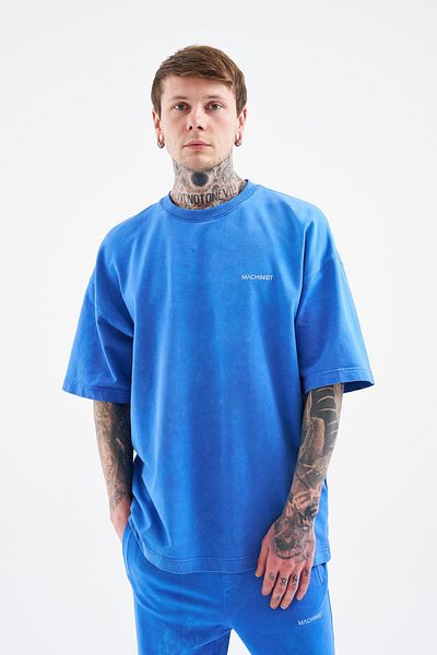 Machinist Tricou albastru oversize lavabil de bază de lux pentru bărbați