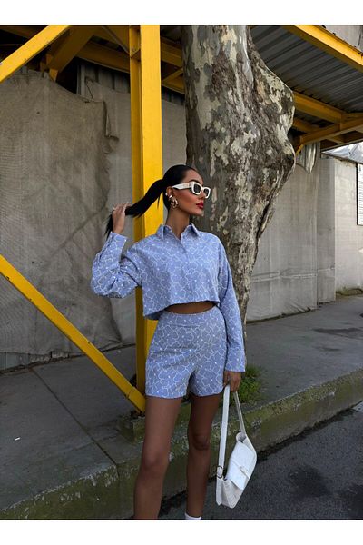 Enie Women's Blue Linen Shorts Crop Shirt Bottom Top Set