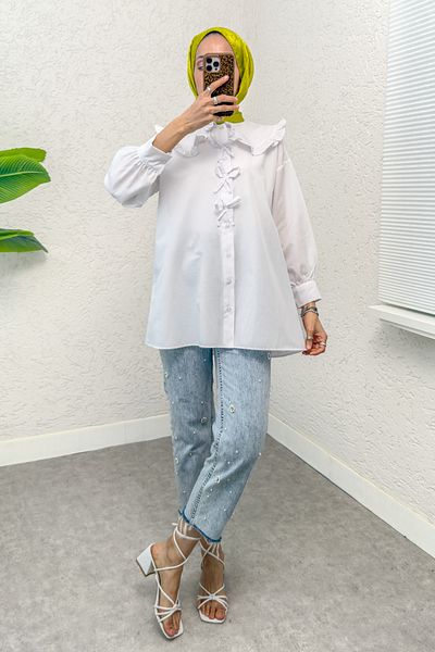 Salih Çelebi Hijab Tunic with Ruffle Collar 1596 - White