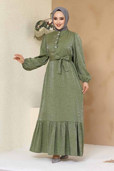 Neva Style Stone Detailed Khaki Hijab Jacquard Dress 23891Hk