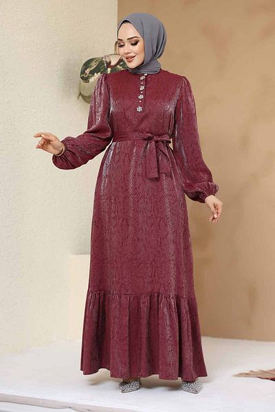 Neva Style Stone Detailed Burgundy Hijab Jacquard Dress 23891Br