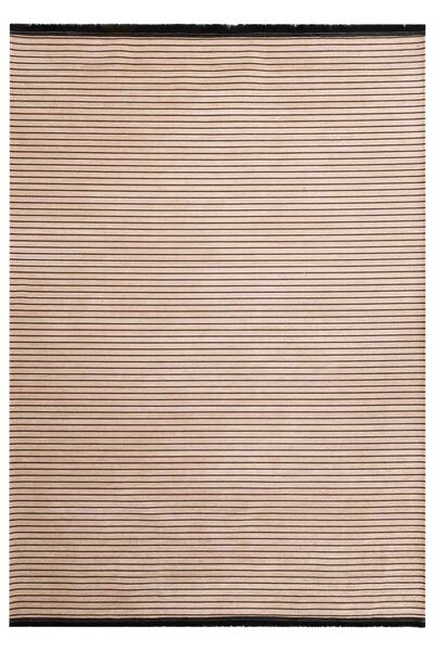 Oriente Home Line Patterned Runner Beige Black Washable Chenille Fringed Non-Slip Base Door Carpet 8380