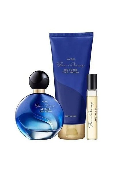 AVON Far Away the Moon women's perfume set, lotion, mini water, golden rose and Dactylion l badge