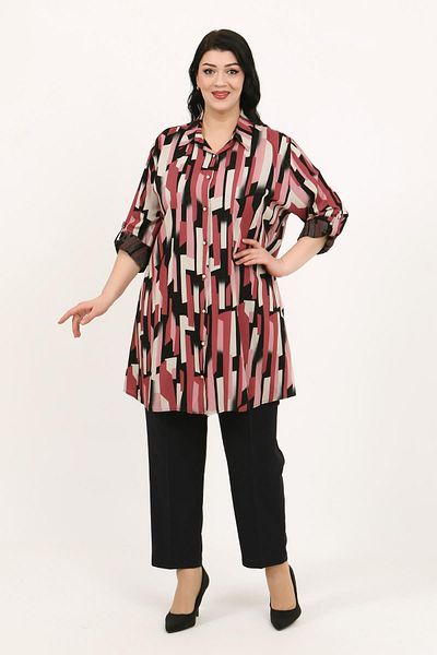 By Alba Collection Women's Lilac Patterned Cotton Viscose Large Size Tunic
