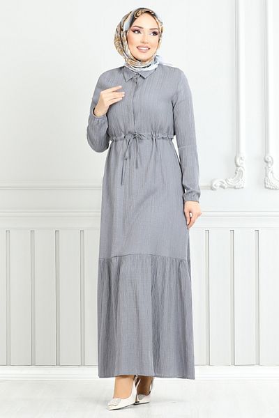ModaMerve Γκρι Φόρεμα Hijab με κορδόνια στη μέση 779ASE1099-M